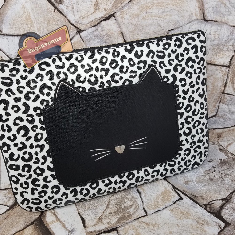 Black MEOW CAT LARGE ZIP POUCH CLUTCH WLR00592 NWT $109 KATE SPADE #Bagsavenue - Picture 2 of 7